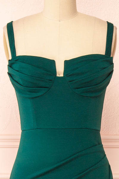 Babette Green Mermaid Maxi Dress w/ Pleated Neckline |  Boutique 1861 front close-up