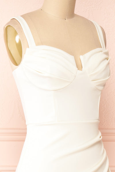 Babette Ivory Mermaid Maxi Dress w/ Pleated Neckline | Boutique 1861 side close-up