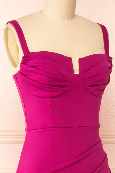 Babette Pink Mermaid Maxi Dress w/ Pleated Neckline | Boutique 1861 side close-up