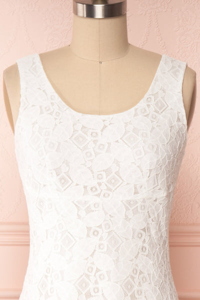 Babettine White Lace Maxi A-Line Bridal Dress front close up | Boudoir 1861