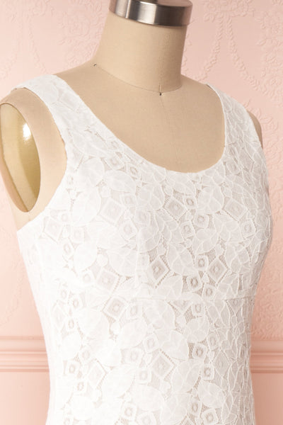 Babettine White Lace Maxi A-Line Bridal Dress side close up | Boudoir 1861