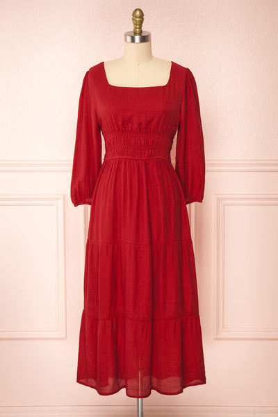 Badira Red Tiered Midi Dress w/ Square Neckline | Boutique 1861 front view