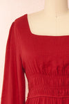 Badira Red Tiered Midi Dress w/ Square Neckline | Boutique 1861 front close-up