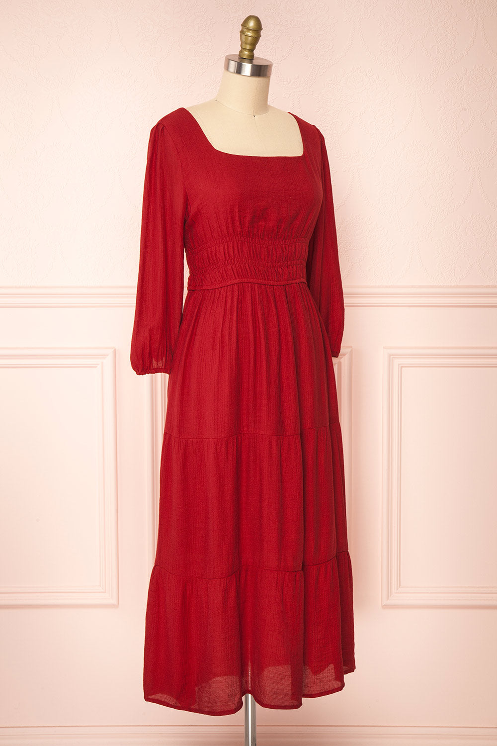 Badira Red Tiered Midi Dress w/ Square Neckline | Boutique 1861 side view 