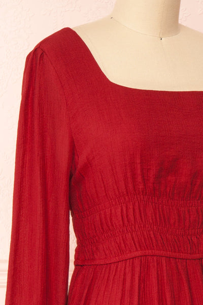 Badira Red Tiered Midi Dress w/ Square Neckline | Boutique 1861 side close-up