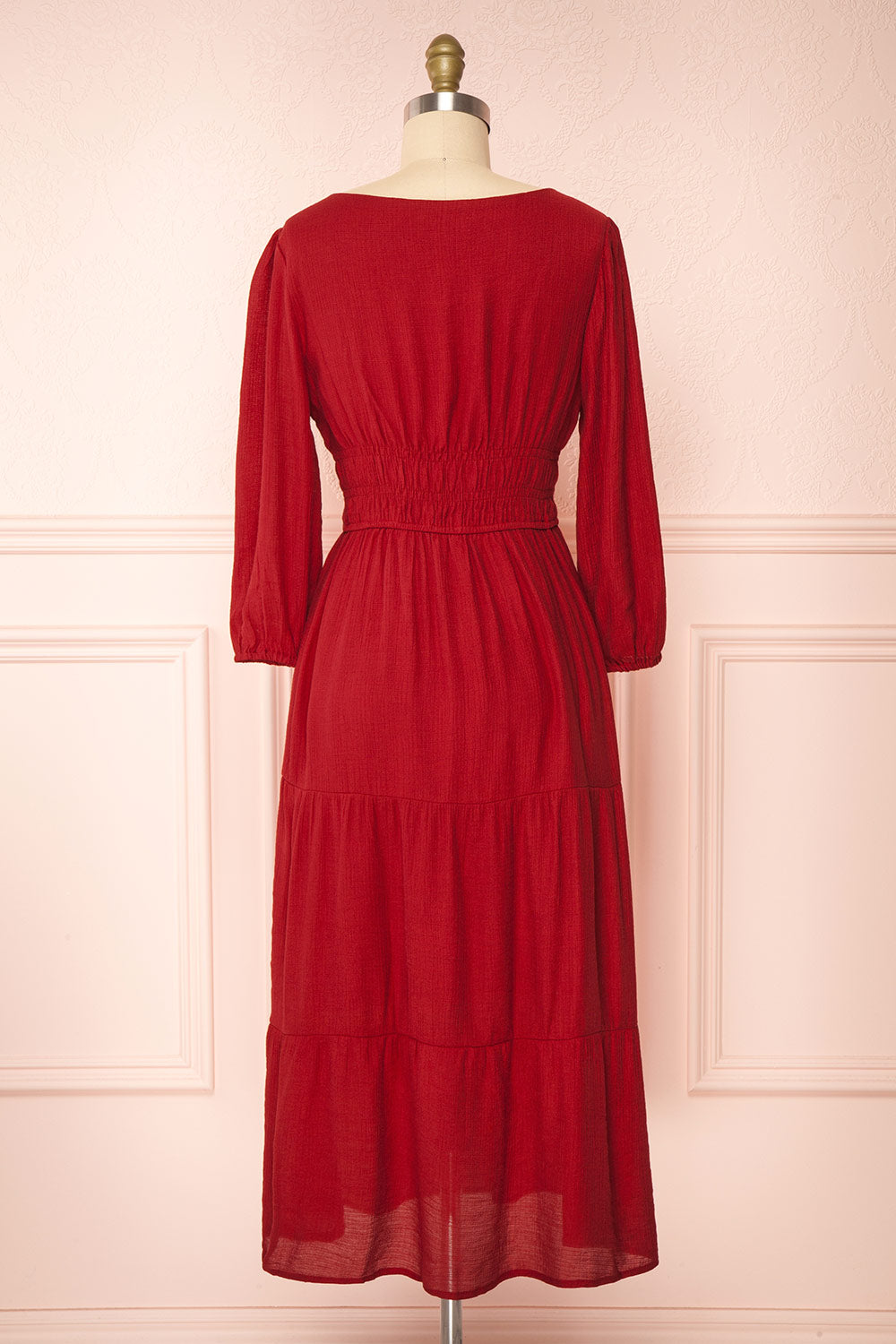 Badira Red Tiered Midi Dress w/ Square Neckline | Boutique 1861 back view 