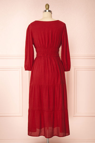 Badira Red Tiered Midi Dress w/ Square Neckline | Boutique 1861 back view