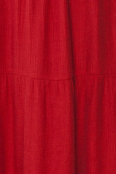 Badira Red Tiered Midi Dress w/ Square Neckline | Boutique 1861 fabric