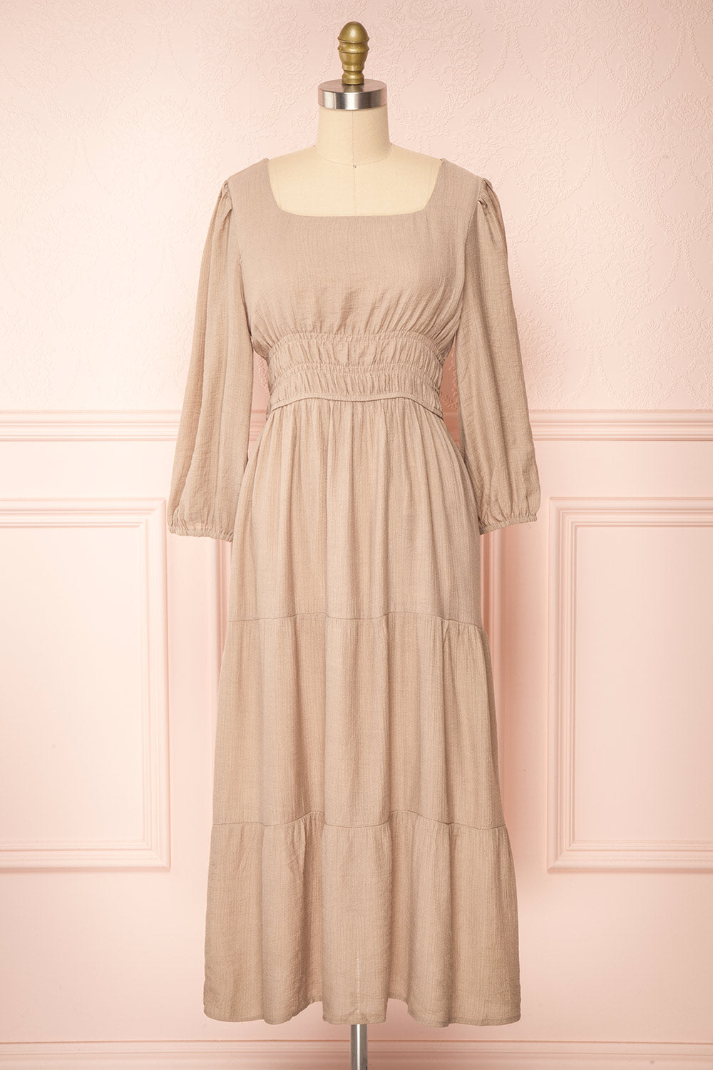 Badira Taupe Tiered Midi Dress w/ Square Neckline | Boutique 1861 front view 