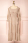 Badira Taupe Tiered Midi Dress w/ Square Neckline | Boutique 1861 front view