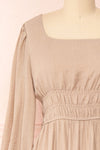 Badira Taupe Tiered Midi Dress w/ Square Neckline | Boutique 1861 front close-up