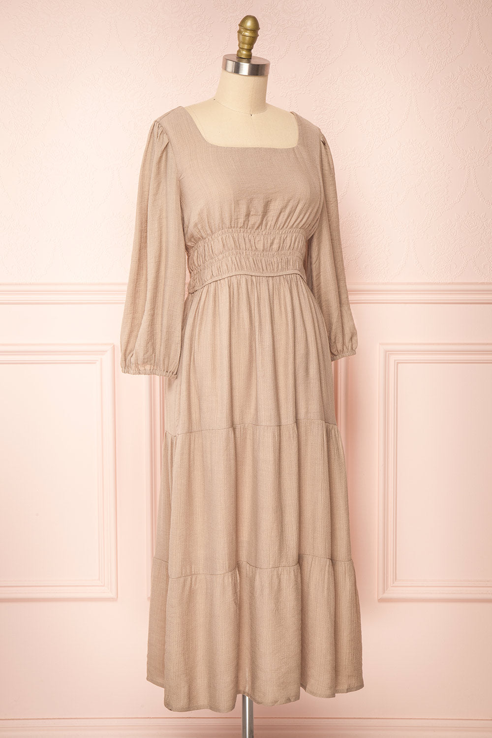 Badira Taupe Tiered Midi Dress w/ Square Neckline | Boutique 1861 side view 