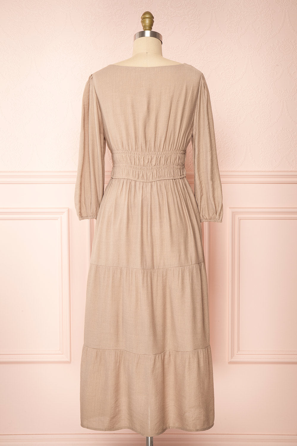 Badira Taupe Tiered Midi Dress w/ Square Neckline | Boutique 1861 back view 