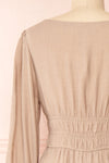 Badira Taupe Tiered Midi Dress w/ Square Neckline | Boutique 1861 back close-up