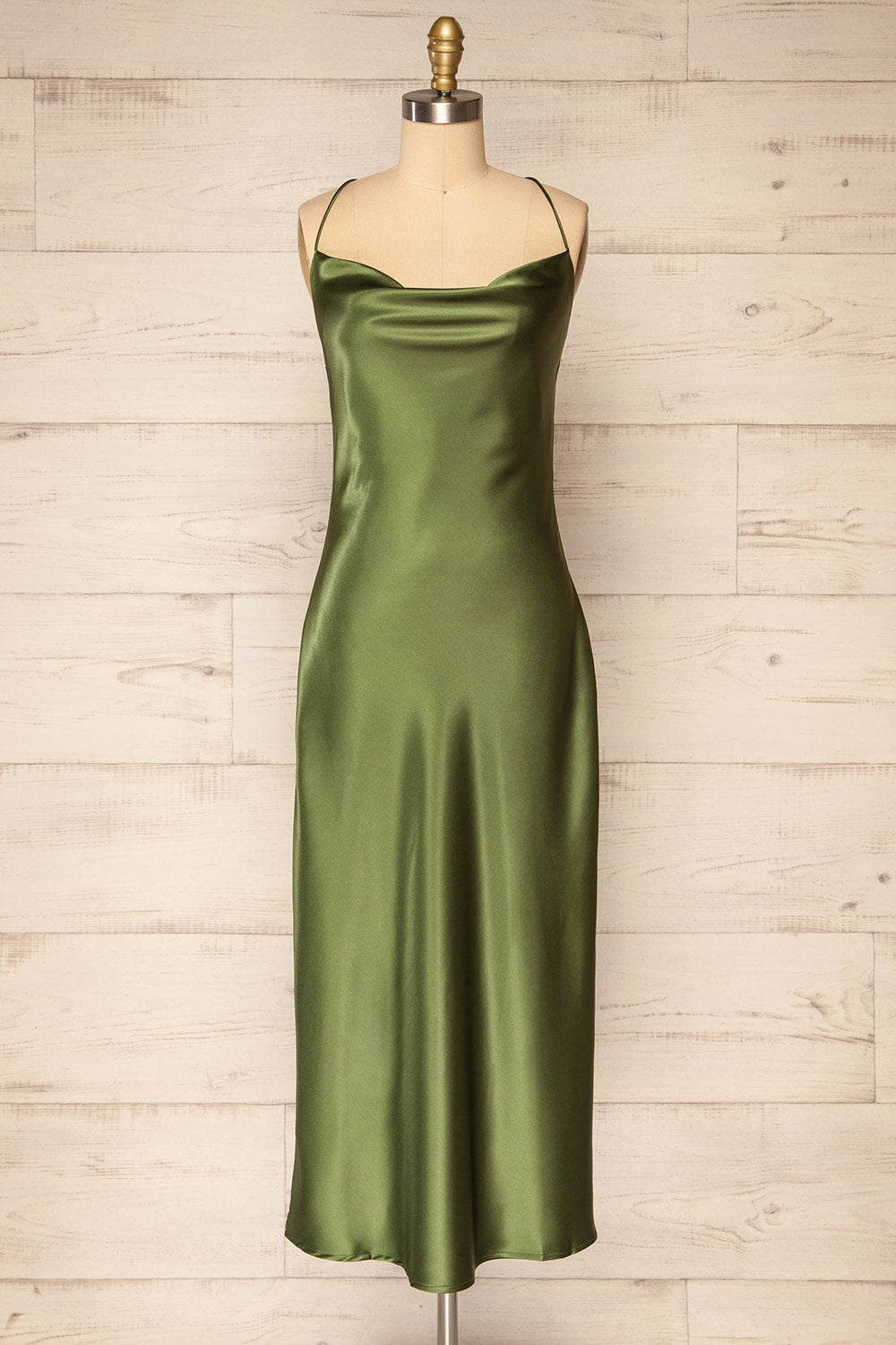 Baleares Cowl Neck Satin Midi Dress | La petite garçonne front close-up