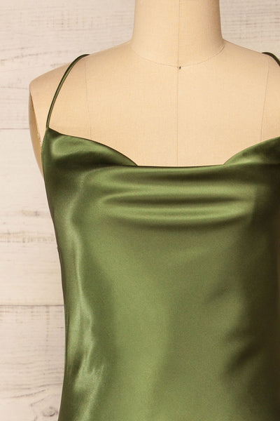 Baleares Cowl Neck Satin Midi Dress | La petite garçonne front close-up
