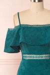 Balkees Green Velvet Off-Shoulder Short Dress | Boutique 1861 front close-up