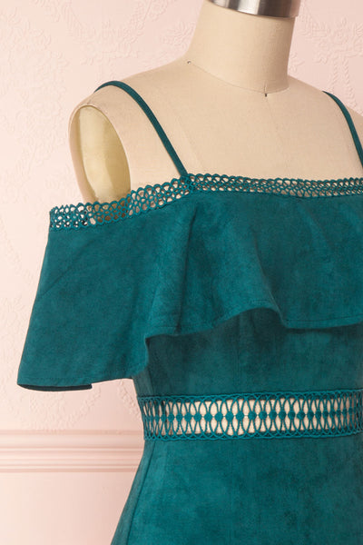 Balkees Green Velvet Off-Shoulder Short Dress | Boutique 1861 side close-up