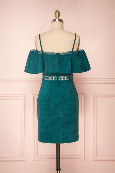 Balkees Green Velvet Off-Shoulder Short Dress | Boutique 1861 back view