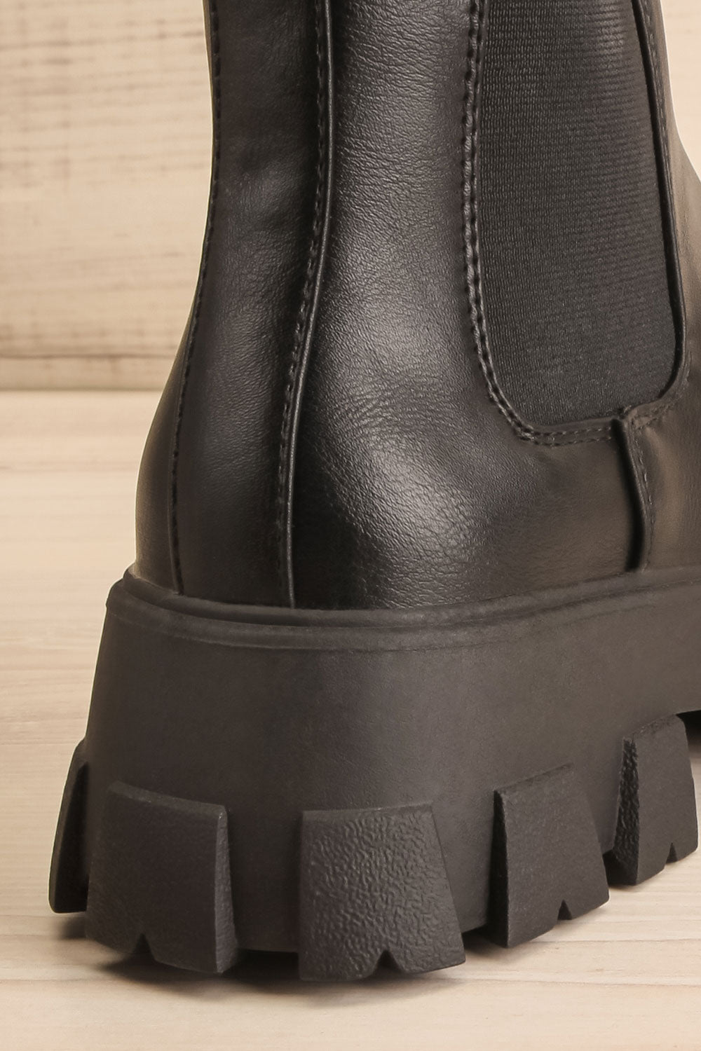 Barakaldo Black Faux-Leather Chelsea Boots | La petite garçonne back bottom close-up