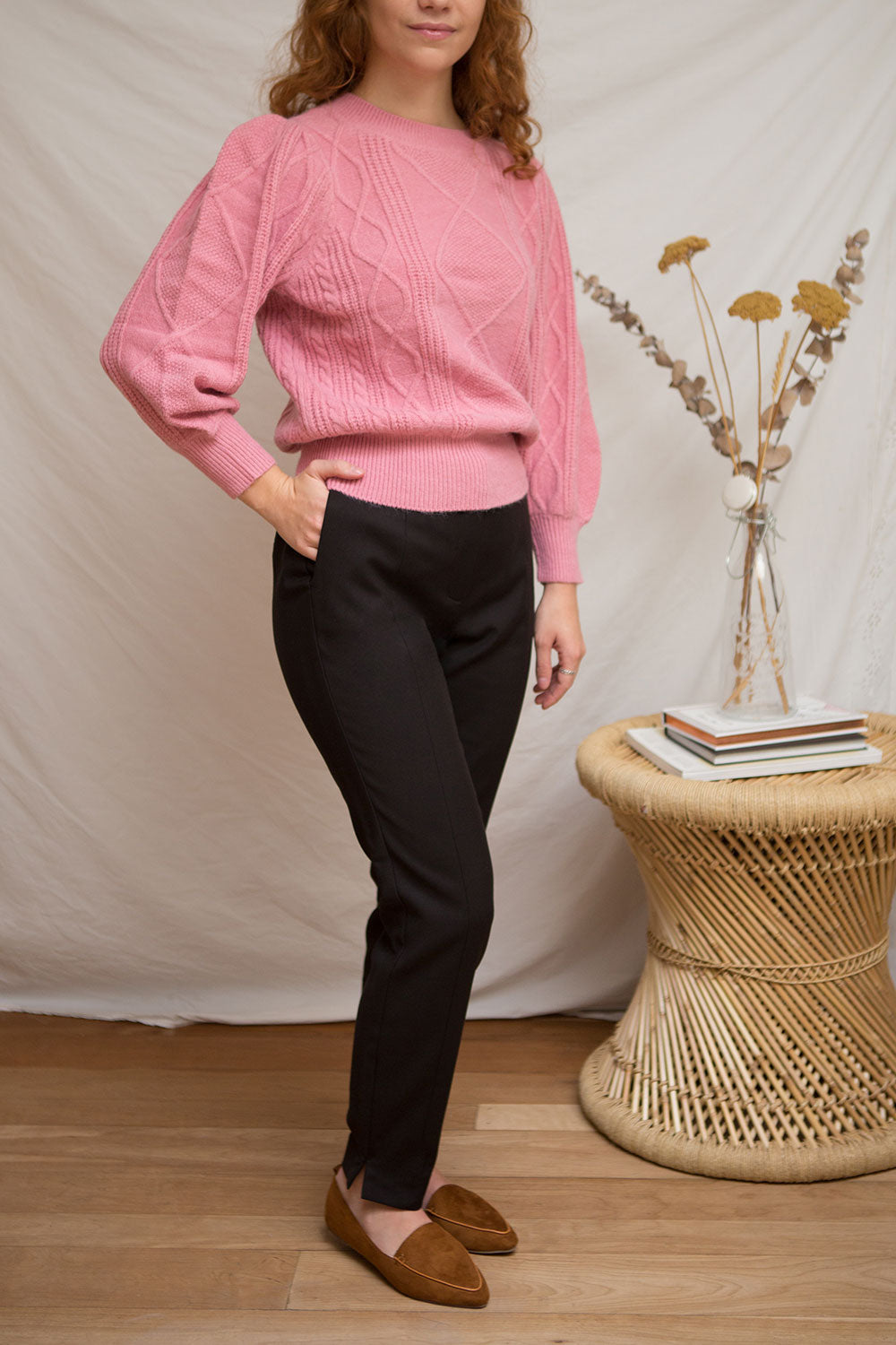 Barb Pink Braided Knit Sweater | La petite garçonne on model