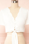 Barbara Tie-Front Crop Top w/ Buttons | Boutique 1861 front close up