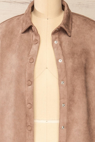 Barriot Taupe Faux Suede Button-Up Shirt | La petite garçonne open close-up