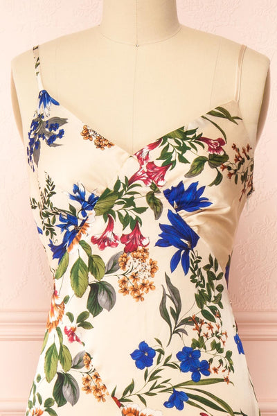 Basha V-Neck Floral Slip Dress w/ Slit | Boutique 1861 front close-up