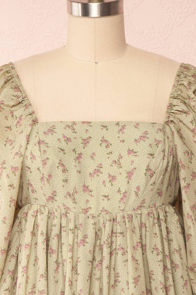Bastet Green Floral Half Sleeve Short Dress | Boutique 1861 front close up