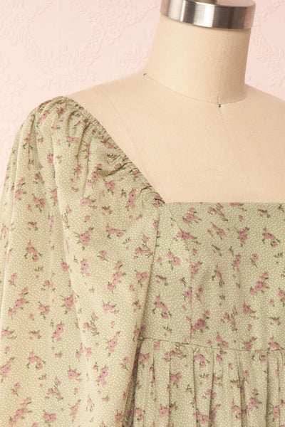 Bastet Green Floral Half Sleeve Short Dress | Boutique 1861 side close up