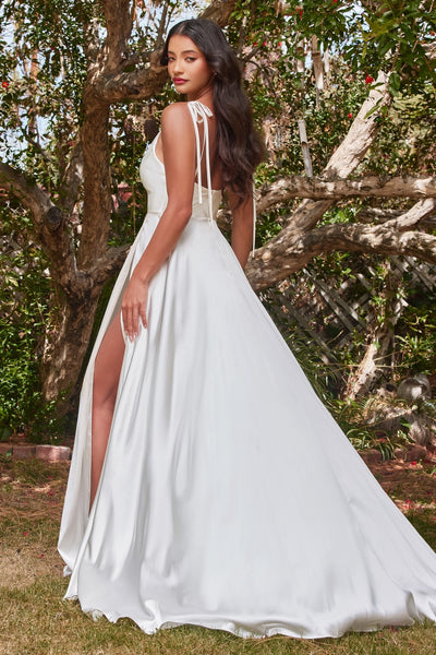 Moira Ivory Bridal Cowl Neck Satin Gown w/ High Slit | Boutique 1861 back on model