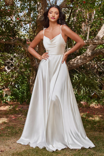 Moira Ivory Bridal Cowl Neck Satin Gown w/ High Slit | Boutique 1861 on model