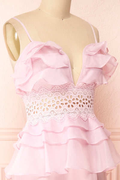 Begena Pink Layered Frills A-Line Midi Dress | Boutique 1861  side close-up