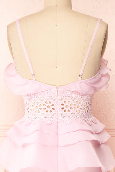 Begena Pink Layered Frills A-Line Midi Dress | Boutique 1861  back close-up