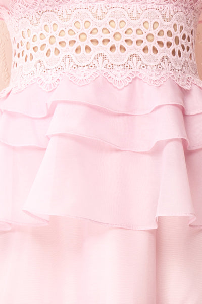 Begena Pink Layered Frills A-Line Midi Dress | Boutique 1861  fabric