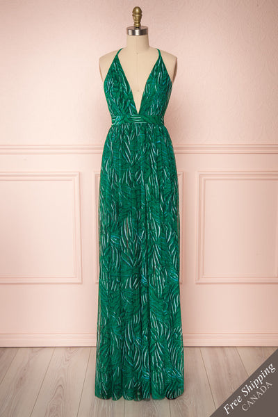 Belgrade Green Tropical A-Line Maxi Dress | FRONT VIEW | Boutique 1861