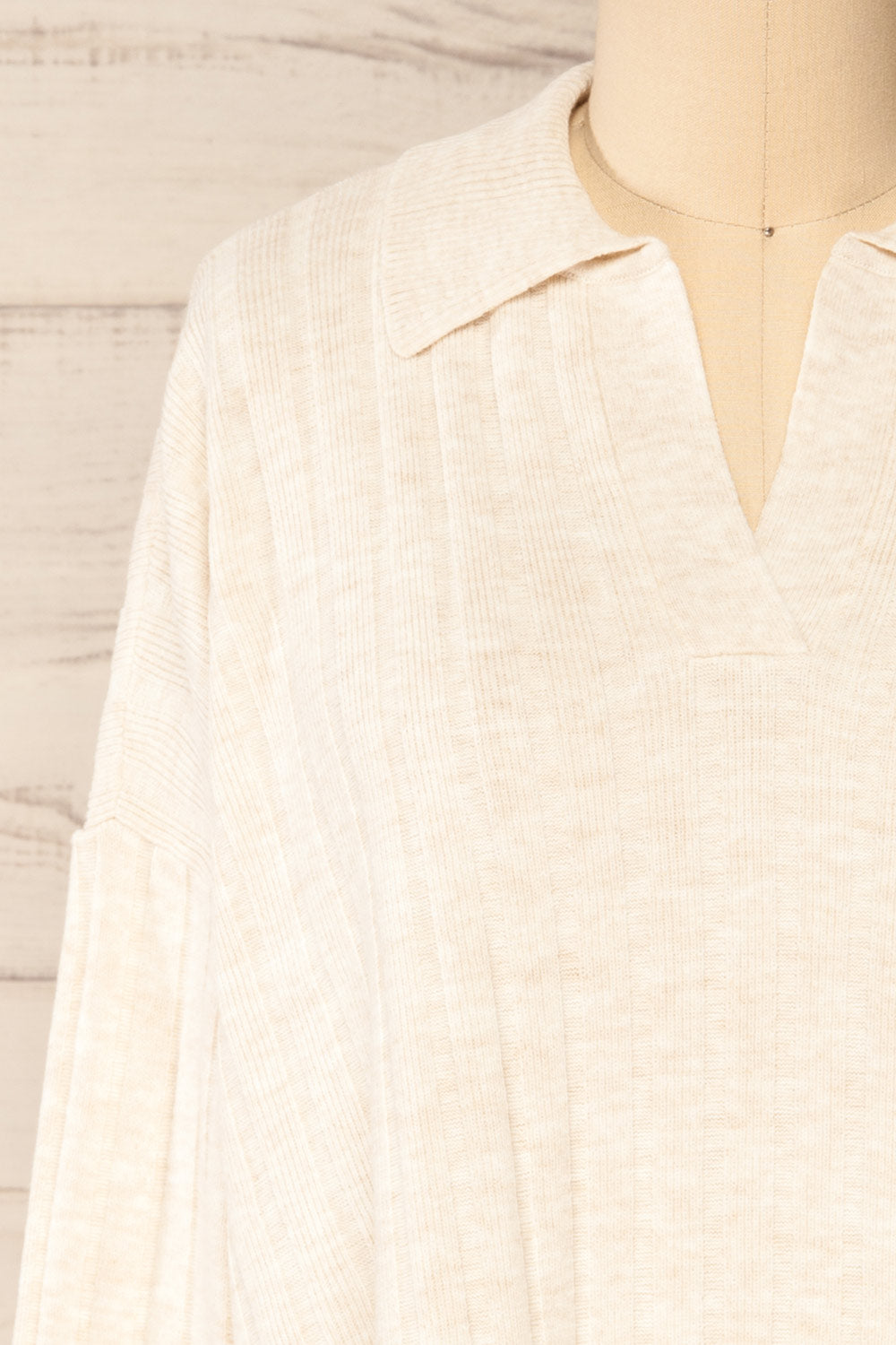 Beluth Beige Collared Long Sleeve Top | La petite garçonne front close-up