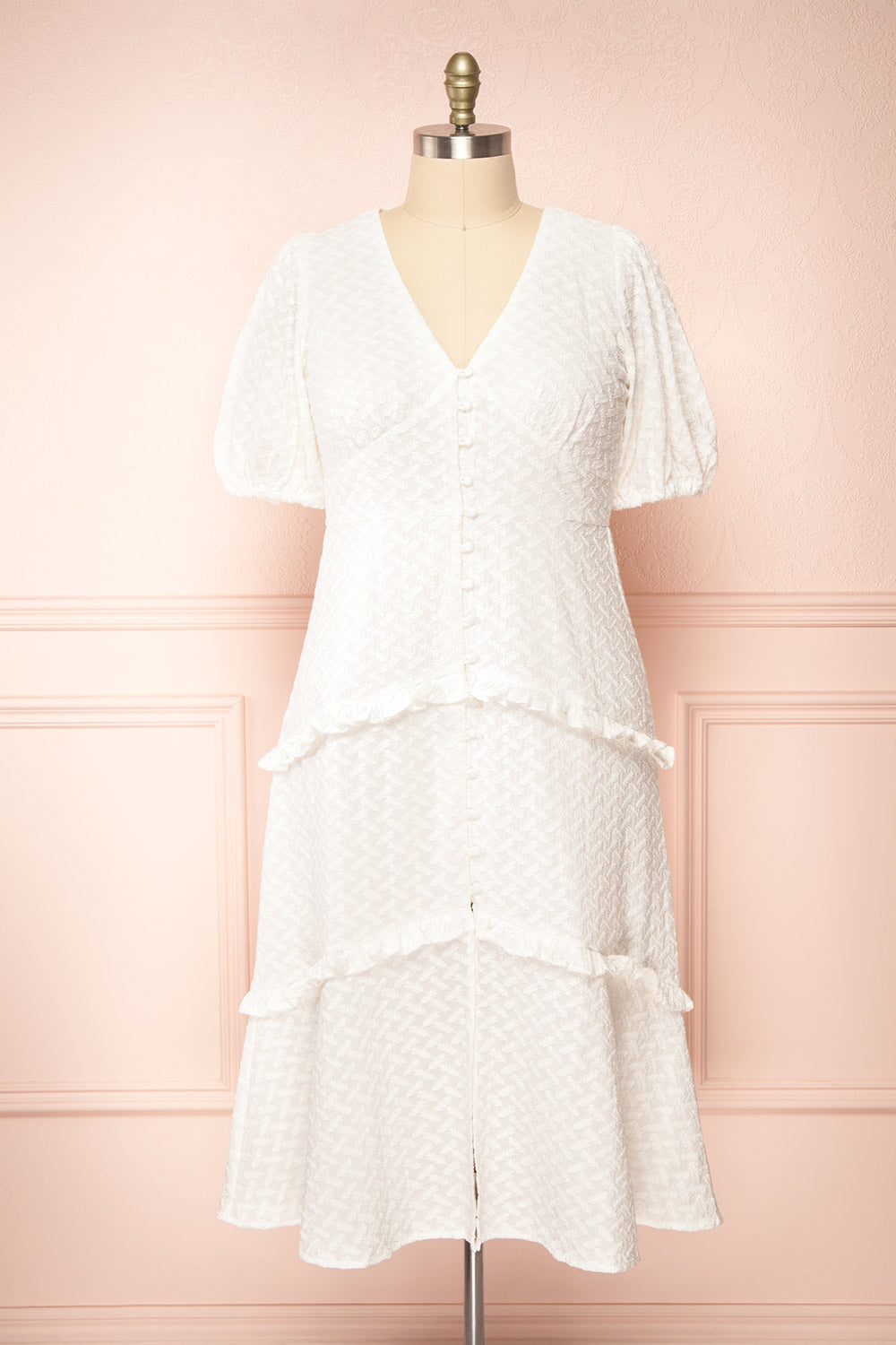 Belvie White Midi Button-Up V-Neck Dress | Boutique 1861  front plus size 