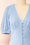 Belvie Blue Midi Button-Up V-Neck Dress | Boutique 1861 front close-up