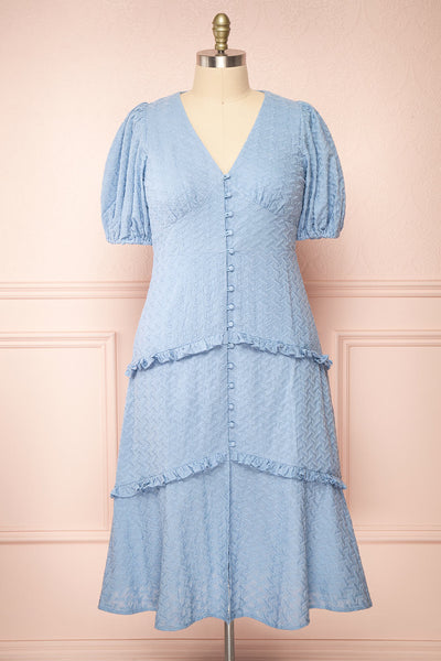 Belvie Blue Midi Button-Up V-Neck Dress | Boutique 1861 front taille plus