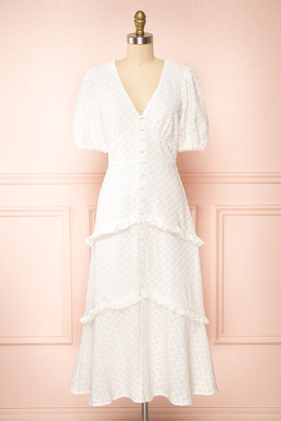 Belvie White Midi Button-Up V-Neck Dress | Boutique 1861 front view