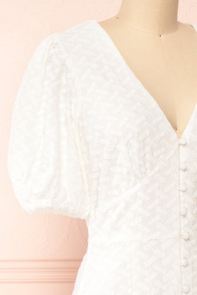 Belvie White Midi Button-Up V-Neck Dress | Boutique 1861 side close-up