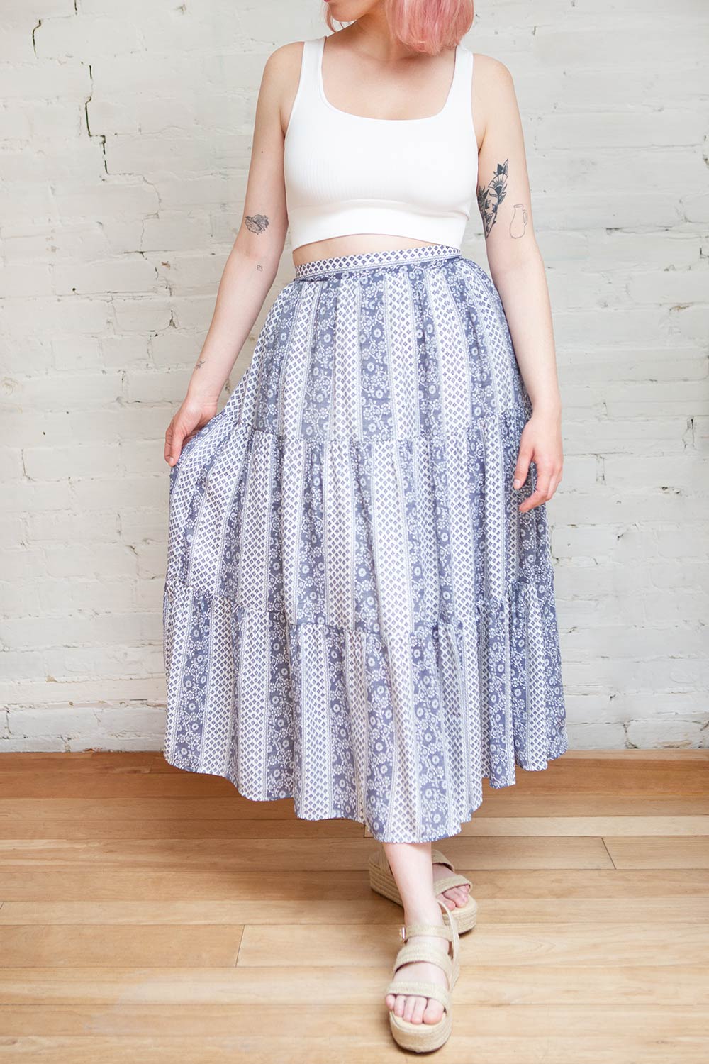 Irmette Blue Patterned Tiered Midi Skirt | Boutique 1861 on model