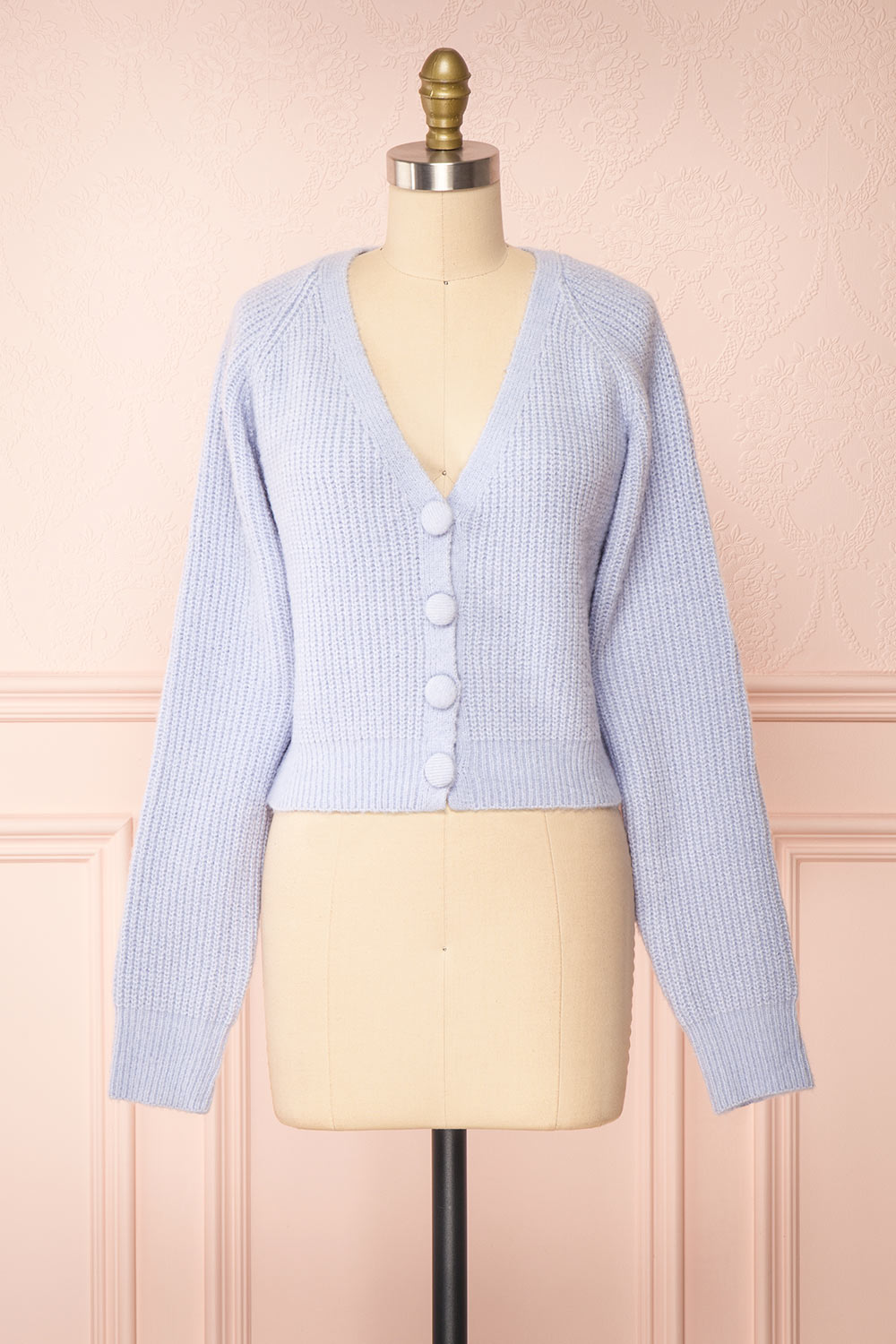 Benita Blue V-Neck Cropped Knit Cardigan | Boutique 1861 front view 