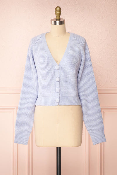 Benita Blue V-Neck Cropped Knit Cardigan | Boutique 1861 front view