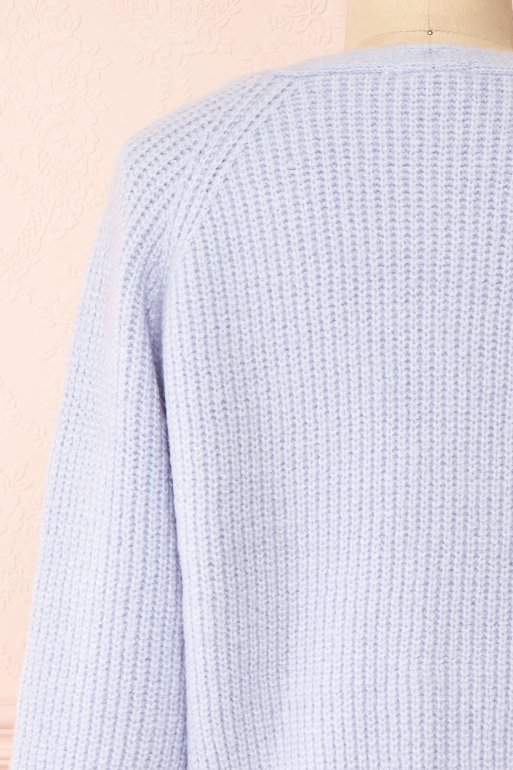 Benita Blue V-Neck Cropped Knit Cardigan | Boutique 1861 back close-up