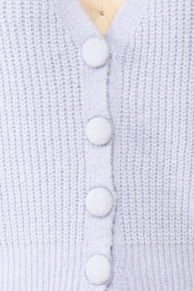Benita Blue V-Neck Cropped Knit Cardigan | Boutique 1861 fabric