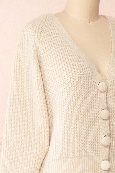 Benita Cream V-Neck Cropped Knit Cardigan | Boutique 1861 side close-up
