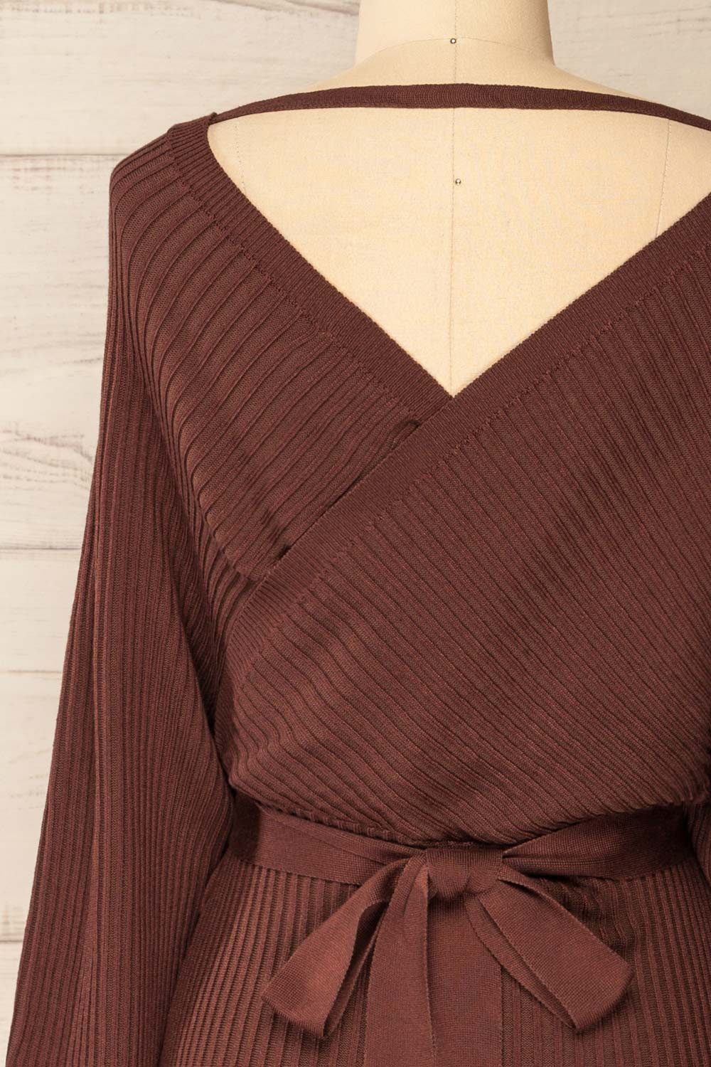 Bergame Brown Knitted Wrap Dress | La Petite Garçonne back close-up