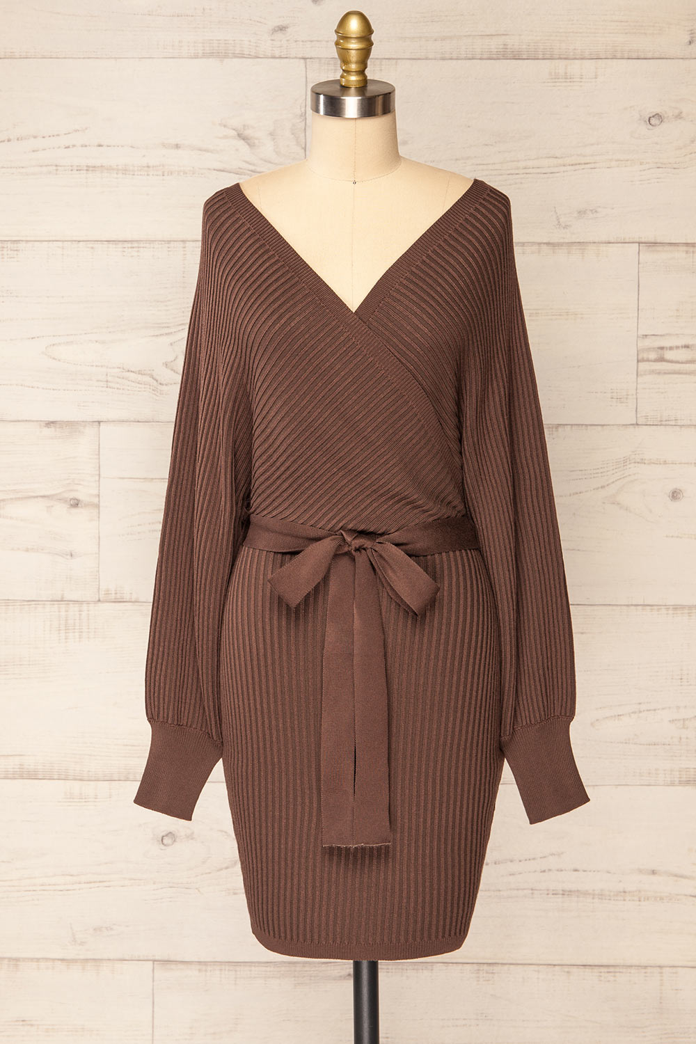 Bergame Chocolate Knitted Wrap Dress | La petite garçonne front view